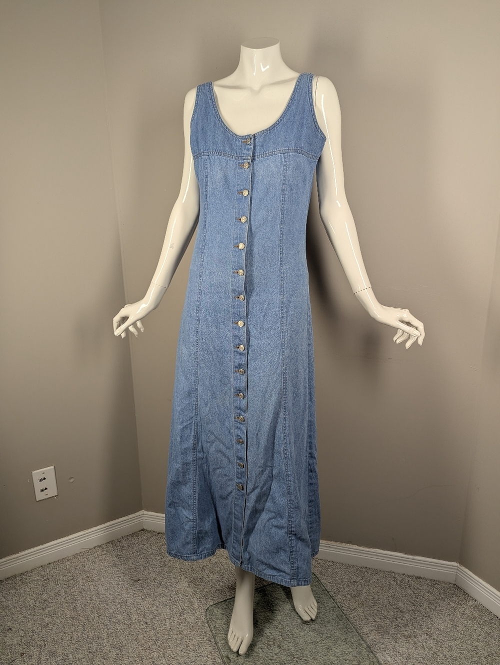 Vintage Denim Maxi Dress Button Front 90s Sleeveless Jean Dress Fitted Size Smal